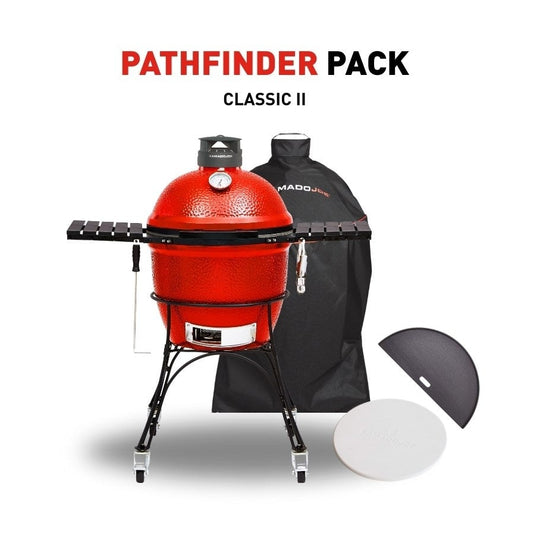 Red barbecue grill with accessories on a white background, featuring 'Pathfinder Pack Classic II' text.