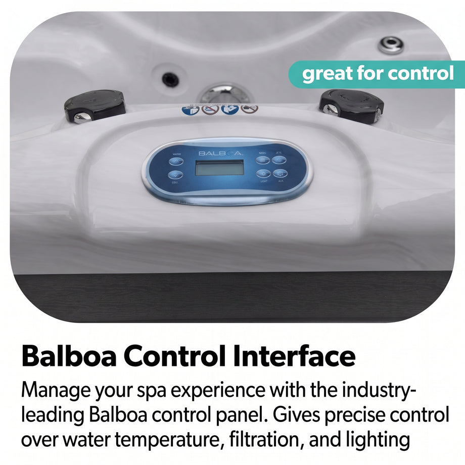 Close-up of a white hot tub or spa with a blue Balboa control panel, plus text reading 'Balboa Control Interface' and a teal badge that says 'great for control'.