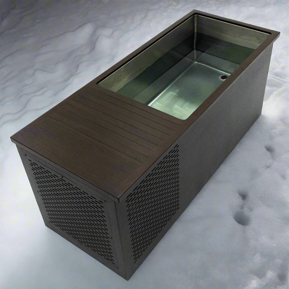An ice bath tub with a stainless steel interior and a teak wood top, featuring a built-in chiller and filter system.