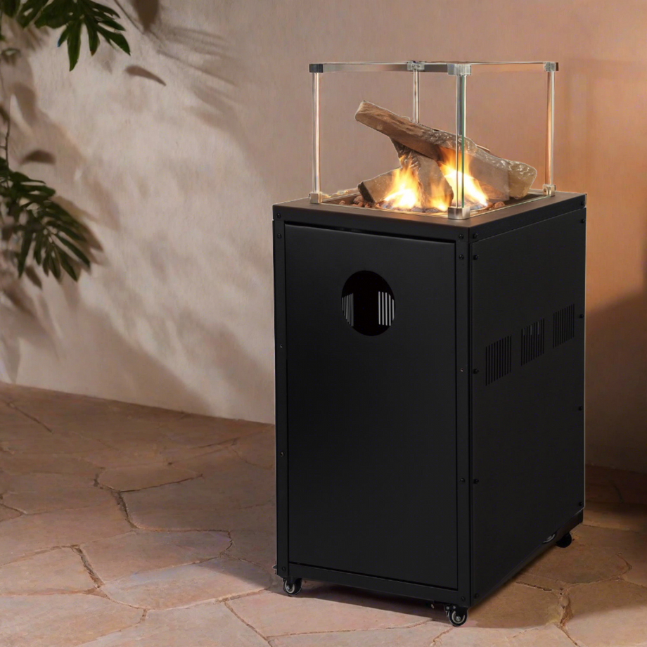 Glass Flame Gas Patio Heater with Lava Rocks and Logs Black