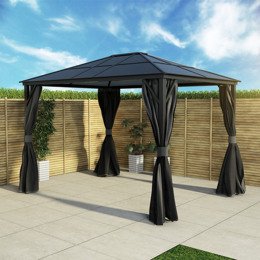 Fortrose 3x4m Black Metal Garden Gazebo with Grey Roof and Sides