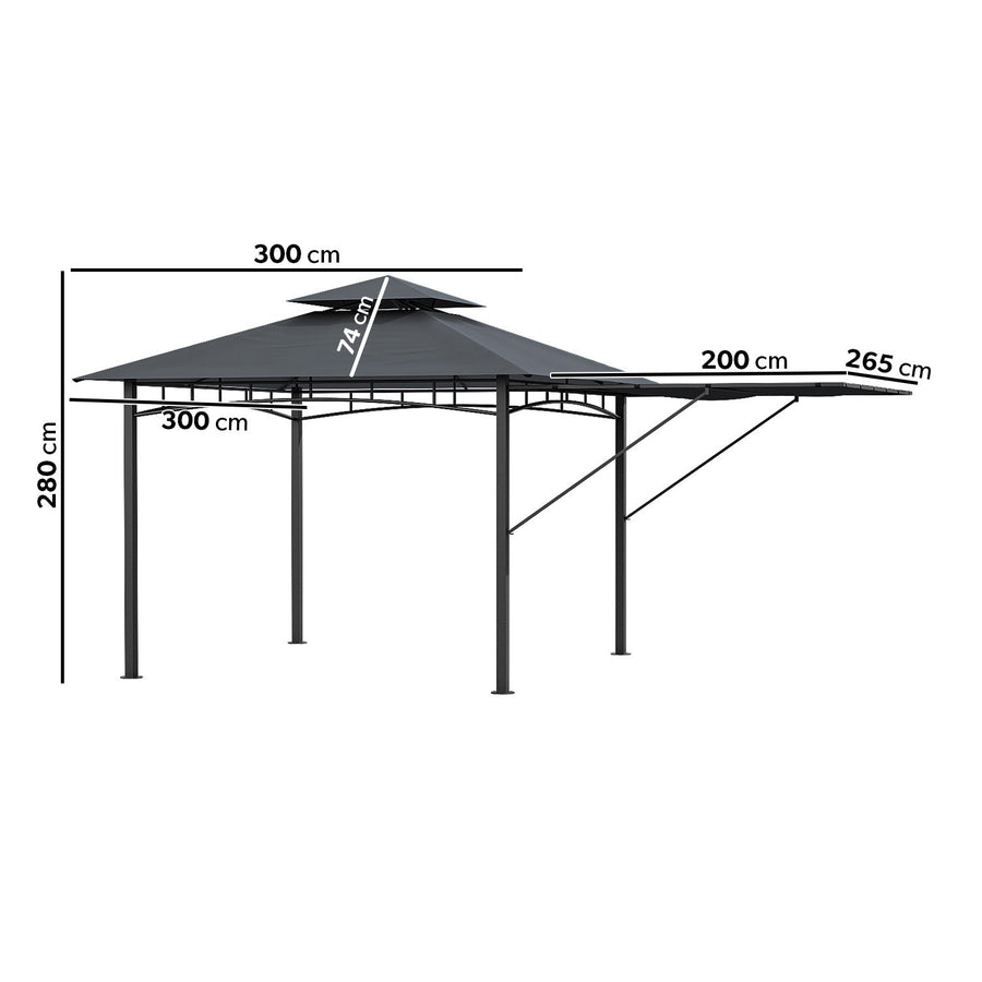 Fortrose 3x3m Black Metal BBQ Shelter Gazebo with Grey Canopy Roof and Retractable Side