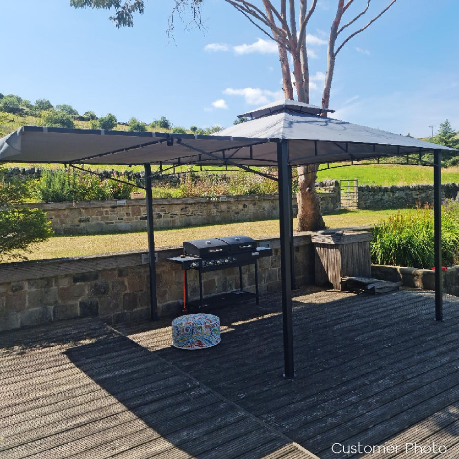 Fortrose 3x3m Black Metal BBQ Shelter Gazebo with Grey Canopy Roof and Retractable Side