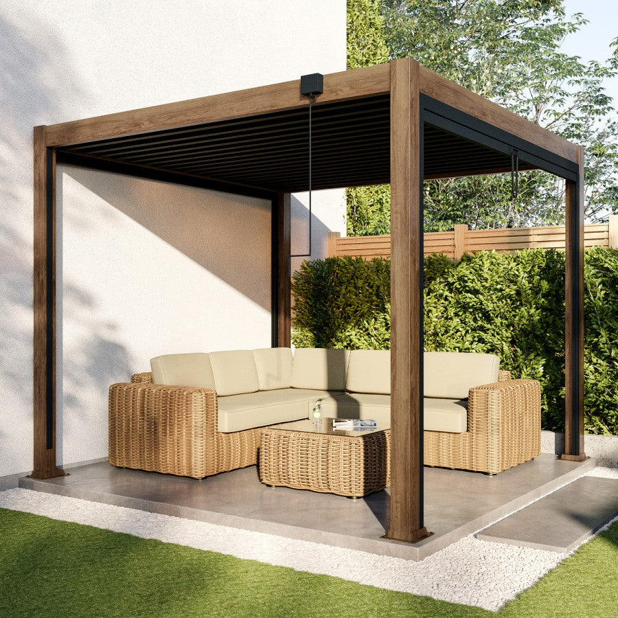 3 x 3m Heavy Duty Wood Effect Aluminium Pergola with Louvred Shutter Roof and Two Textilene Side Panels