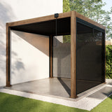Load image into Gallery viewer, 3 x 3m Heavy Duty Wood Effect Aluminium Pergola with Louvred Shutter Roof and Two Textilene Side Panels