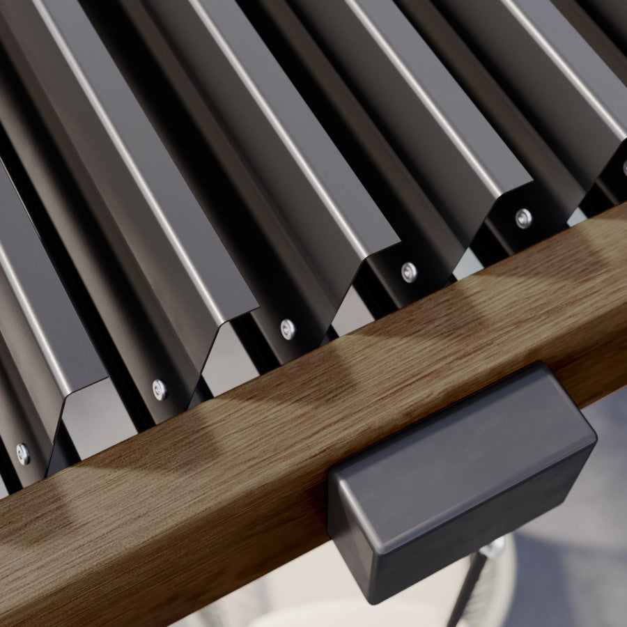 3 x 3m Heavy Duty Wood Effect Aluminium Pergola with Louvred Shutter Roof and Two Textilene Side Panels