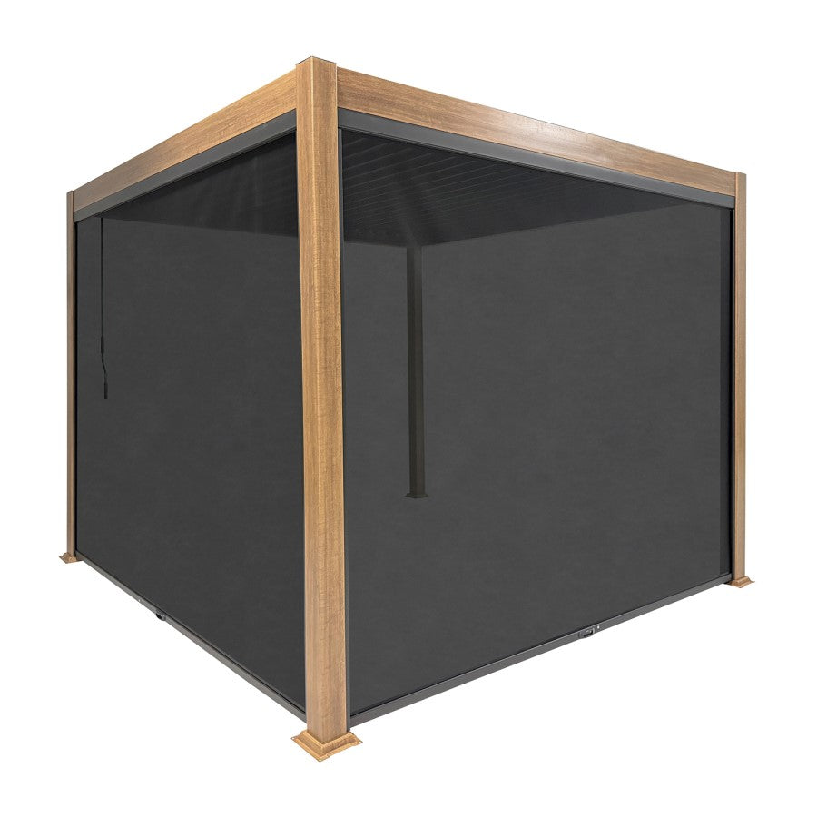 3 x 3m Heavy Duty Wood Effect Aluminium Pergola with Louvred Shutter Roof and Two Textilene Side Panels