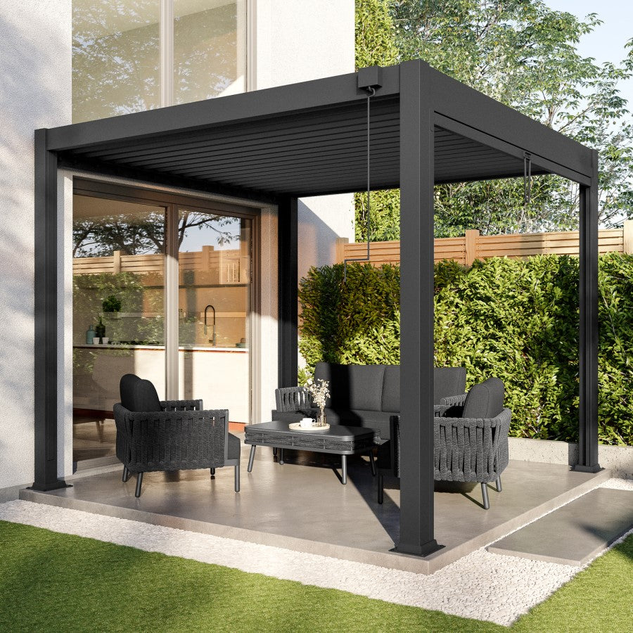 3 x 3m LED Light Heavy Duty Charcoal Aluminium Pergola with Louvred Shutter Roof with Two Textilene Side Panels