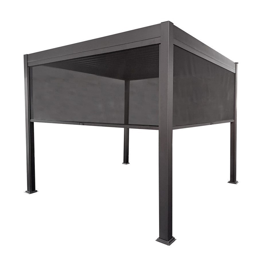 3 x 3m LED Light Heavy Duty Charcoal Aluminium Pergola with Louvred Shutter Roof with Two Textilene Side Panels