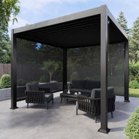 3 x 3m Heavy Duty Aluminium Pergola with Louvred Shutter Roof and Two Textilene Side Panels - Charcoal