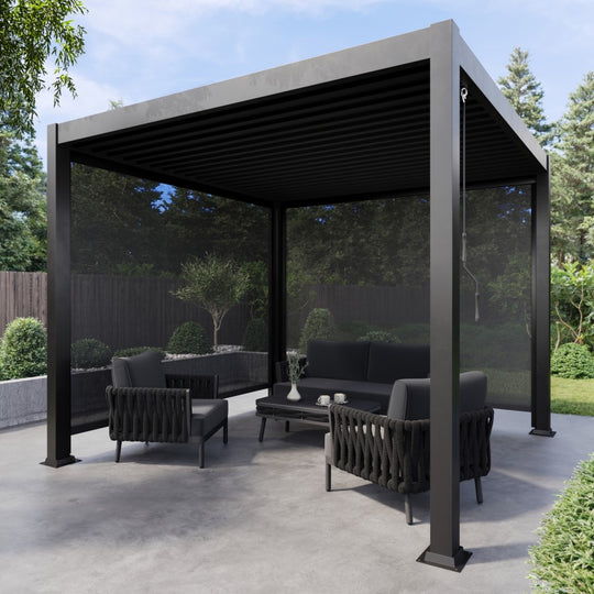 3 x 3m Heavy Duty Aluminium Pergola with Louvred Shutter Roof and Two Textilene Side Panels - Charcoal