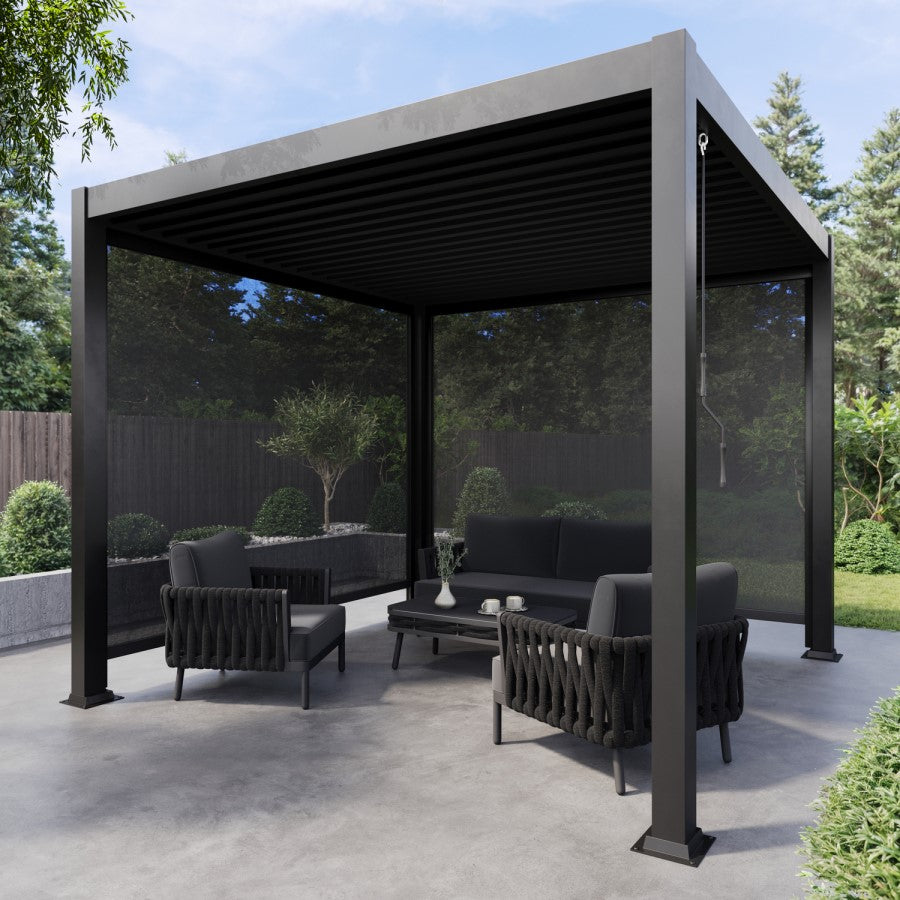 3 x 3m Heavy Duty Aluminium Pergola with Louvred Shutter Roof and Two Textilene Side Panels - Charcoal