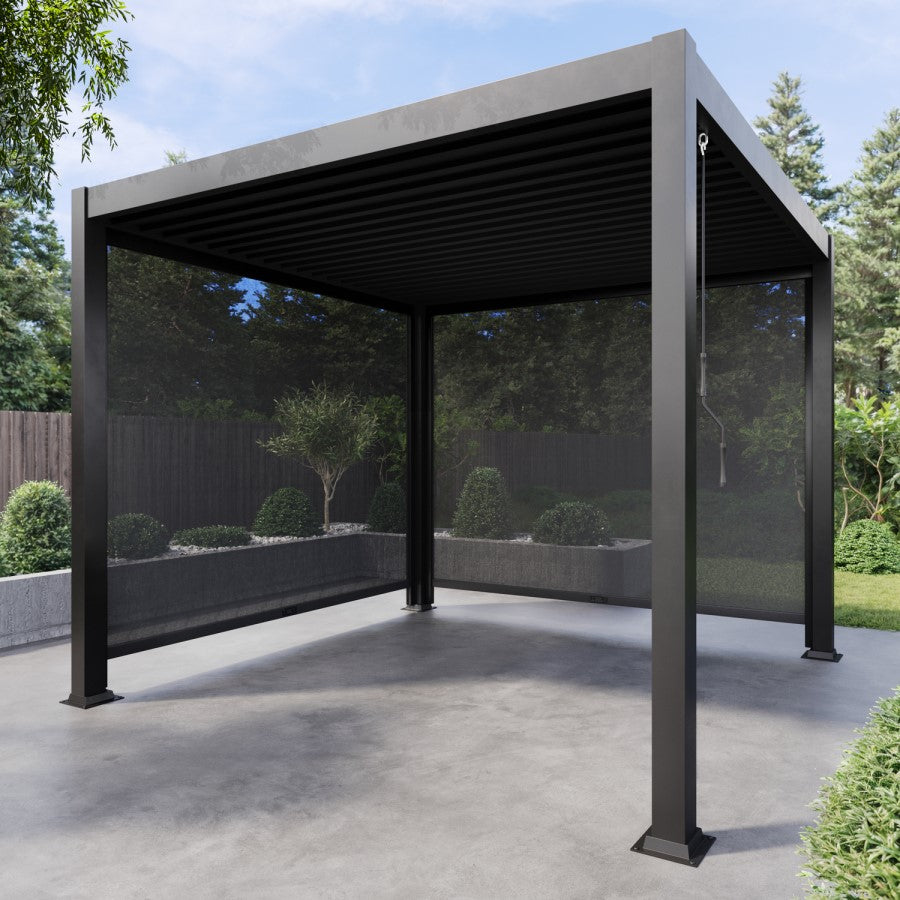 3 x 3m Heavy Duty Aluminium Pergola with Louvred Shutter Roof and Two Textilene Side Panels - Charcoal
