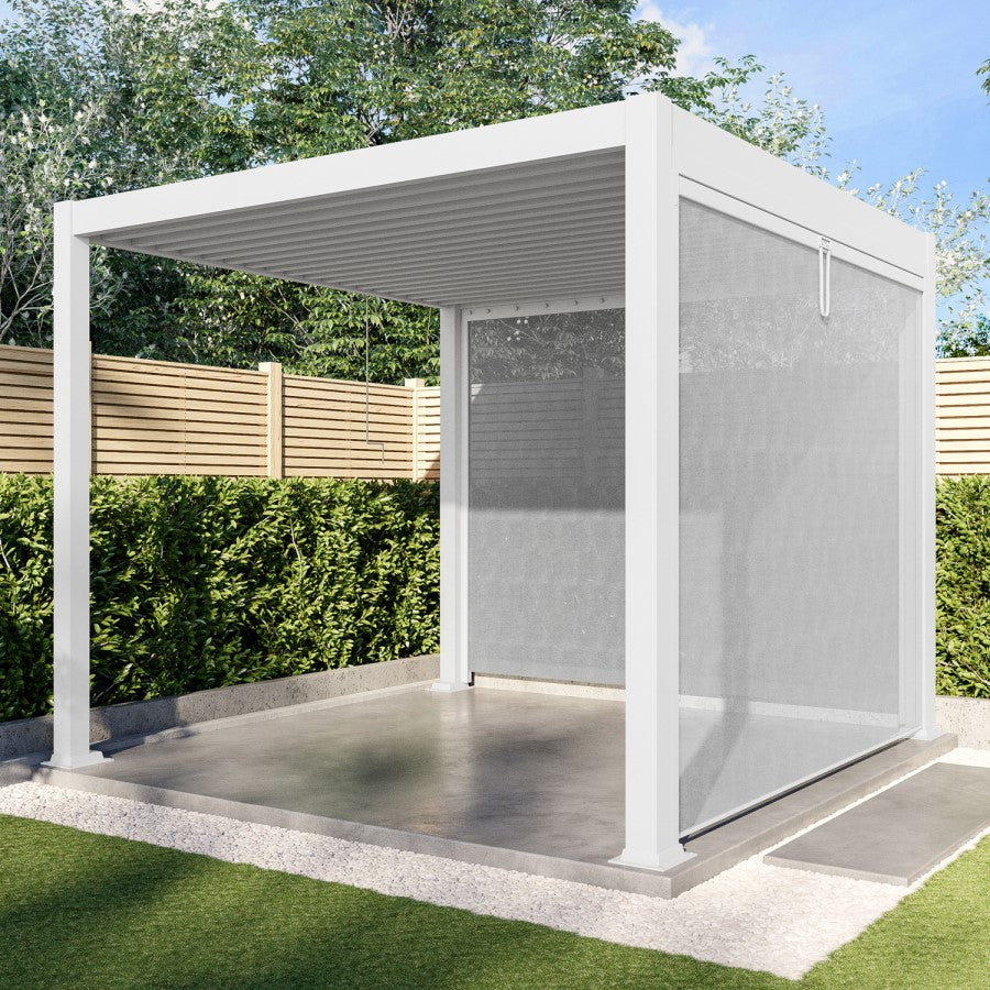 3 x 3m Heavy Duty Aluminium Pergola with Louvred Shutter Roof and Two Textilene Side Panels - White