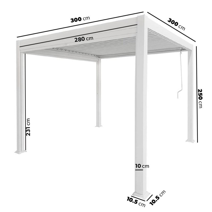 3 x 3m Heavy Duty Aluminium Pergola with Louvred Shutter Roof and Two Textilene Side Panels - White