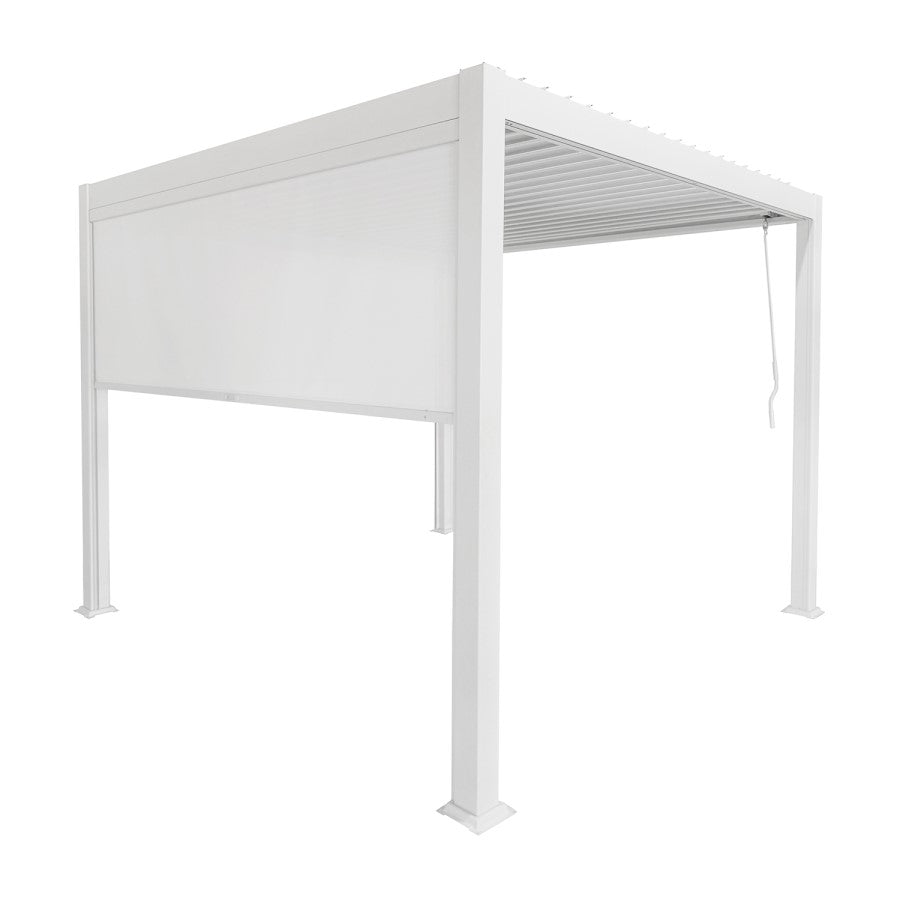 3 x 3m Heavy Duty Aluminium Pergola with Louvred Shutter Roof and Two Textilene Side Panels - White