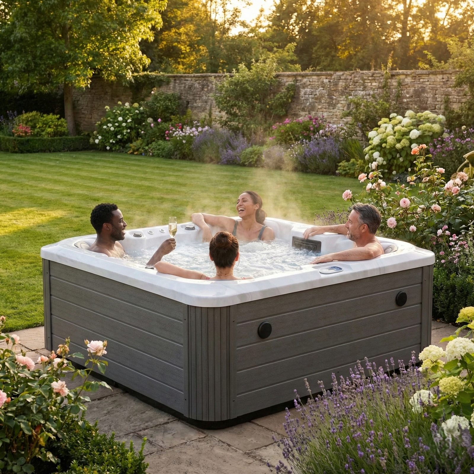 Outdoor Living hot tub in a garden setting