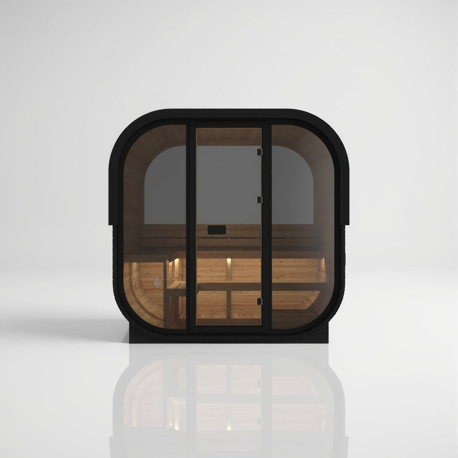 Hekla Cube 250 in black Nero finish, front view through the glass to the half-glass rear window
