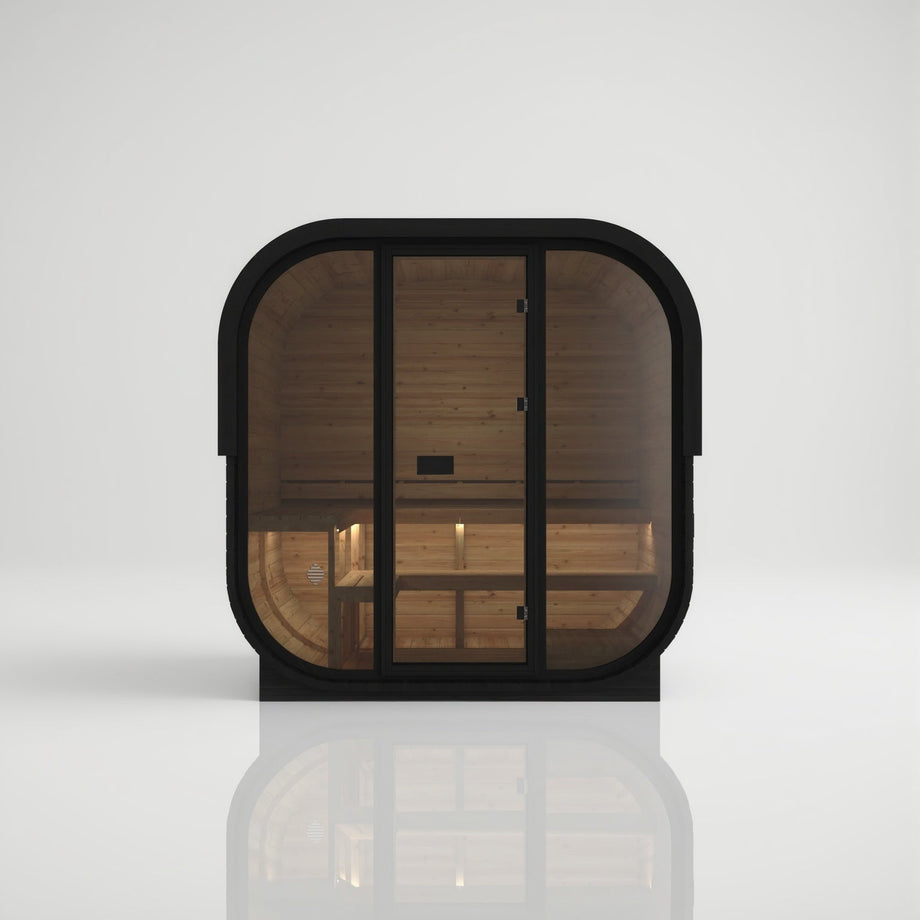 Hekla Cube 210 in black Nero finish, front view showing the full timber rear panel