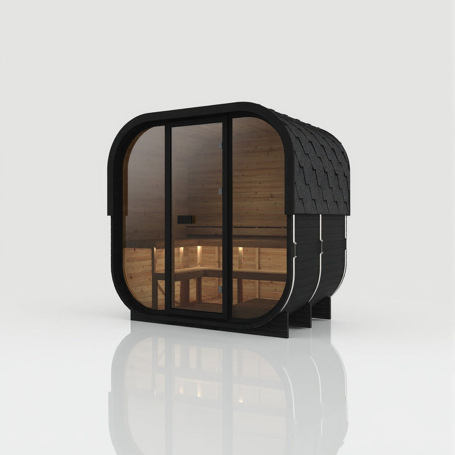 Hekla Cube 210 in black Nero finish with a full timber rear panel, angled view