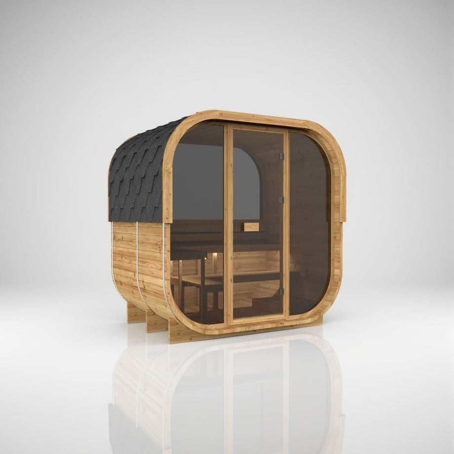 Hekla Cube 160 in Scandi thermo-spruce with a half-glass rear window, opposite angle