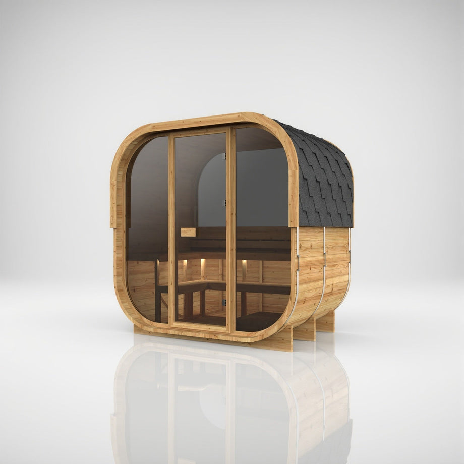 Hekla Cube 160 in Scandi thermo-spruce with a half-glass rear window, angled view