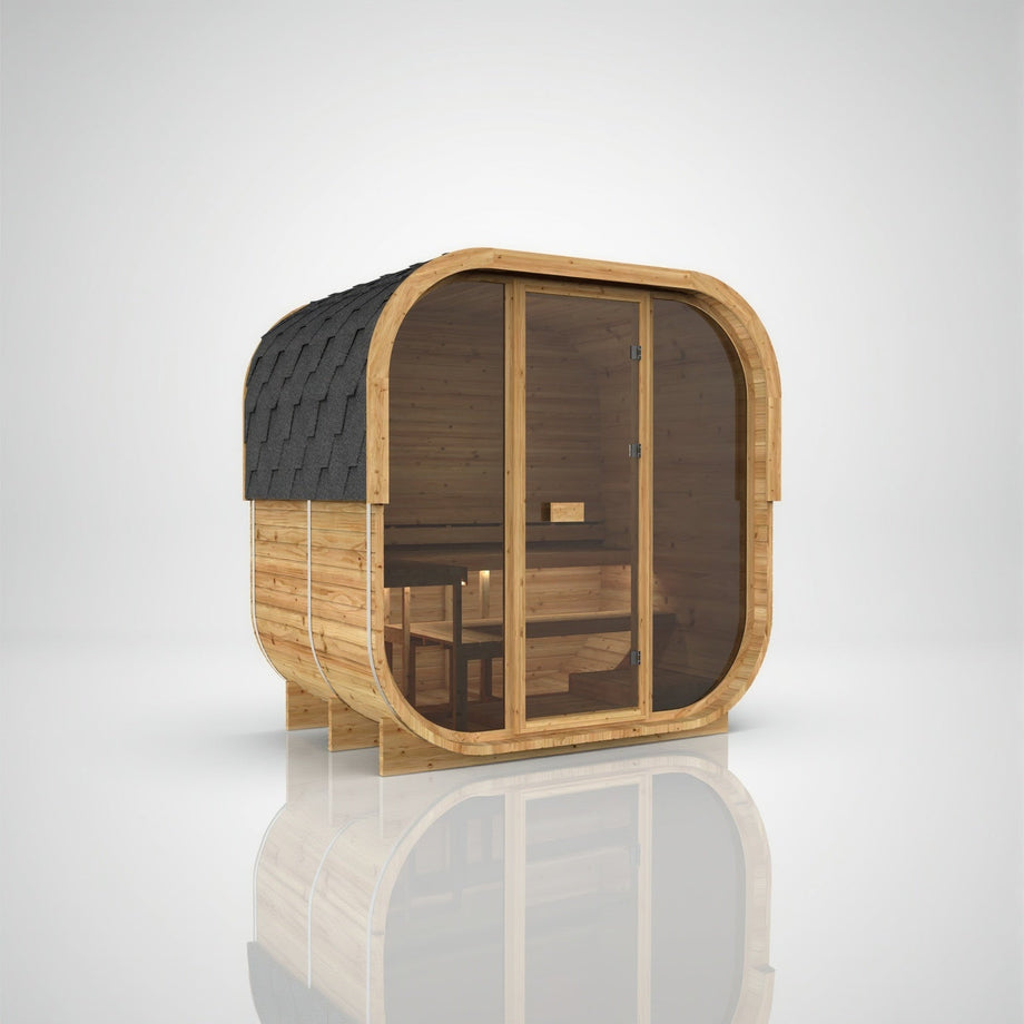 Hekla Cube 160 in Scandi thermo-spruce with a full timber rear panel, opposite angle