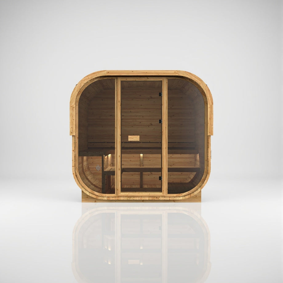 Hekla Cube 210 in Scandi thermo-spruce, front view showing the full timber rear panel