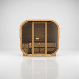 Load image into Gallery viewer, Hekla Cube 250 in Scandi thermo-spruce, front view showing the full timber rear panel