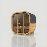 Load image into Gallery viewer, Hekla Cube 250 in Scandi thermo-spruce with a full timber rear panel, angled view