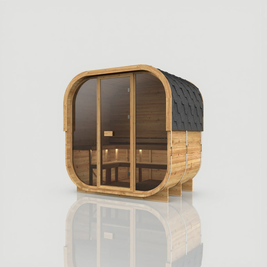 Hekla Cube 160 in Scandi thermo-spruce with a full timber rear panel, angled view