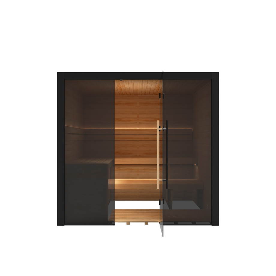 Hekla Traditional 210x sauna in Nero finish, front cut-out view showing the LED lit benches