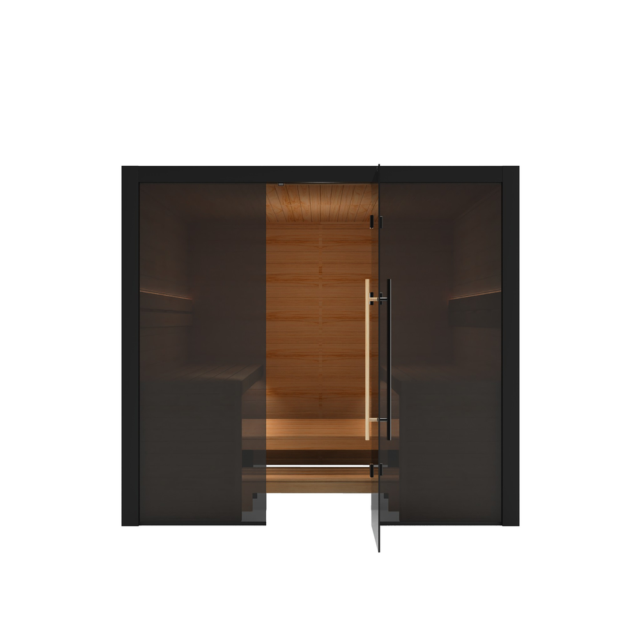 Hekla Traditional 220 sauna in Nero finish, front cut-out view showing the LED lit benches