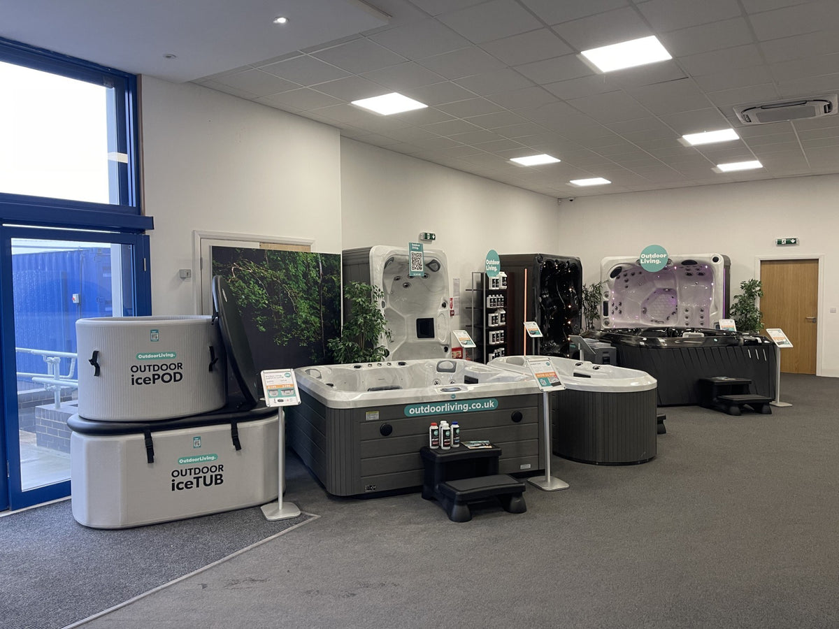 The Outdoor Living showroom in Huddersfield, with hot tubs, an icePOD and an iceTUB on display