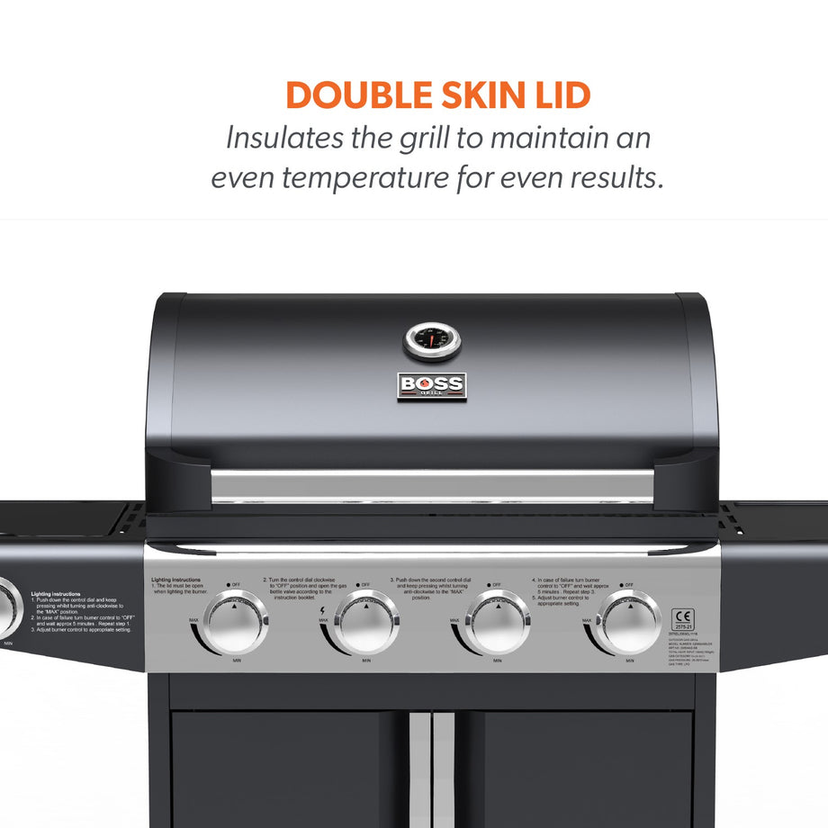 Boss Grill Kentucky Premium - 4 Burner Gas BBQ Grill with Side Burner