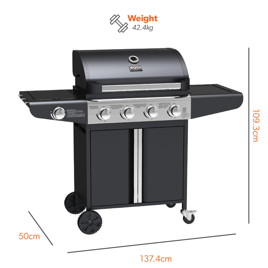 Boss Grill Kentucky Premium - 4 Burner Gas BBQ Grill with Side Burner