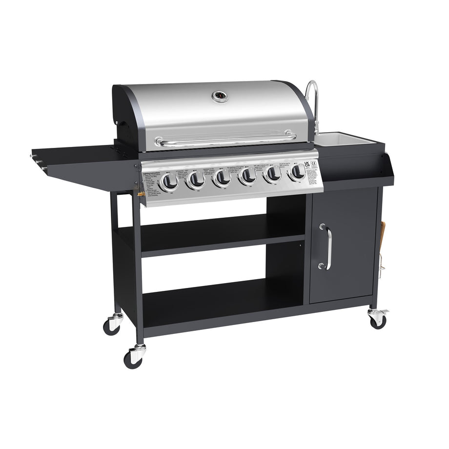 Boss Grill Texas Slimline Outdoor Kitchen - 6 Burner Gas BBQ with Sink and Chopping Board