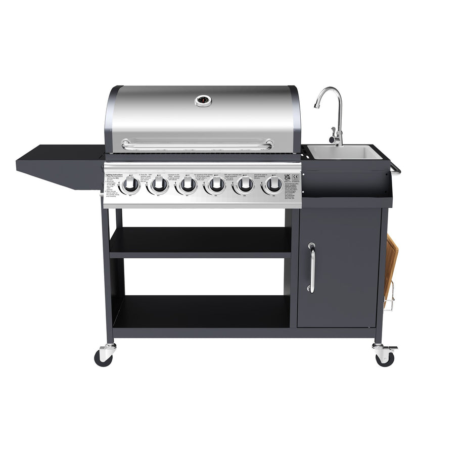 Boss Grill Texas Slimline Outdoor Kitchen - 6 Burner Gas BBQ with Sink and Chopping Board