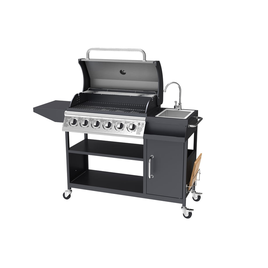 Boss Grill Texas Slimline Outdoor Kitchen - 6 Burner Gas BBQ with Sink and Chopping Board