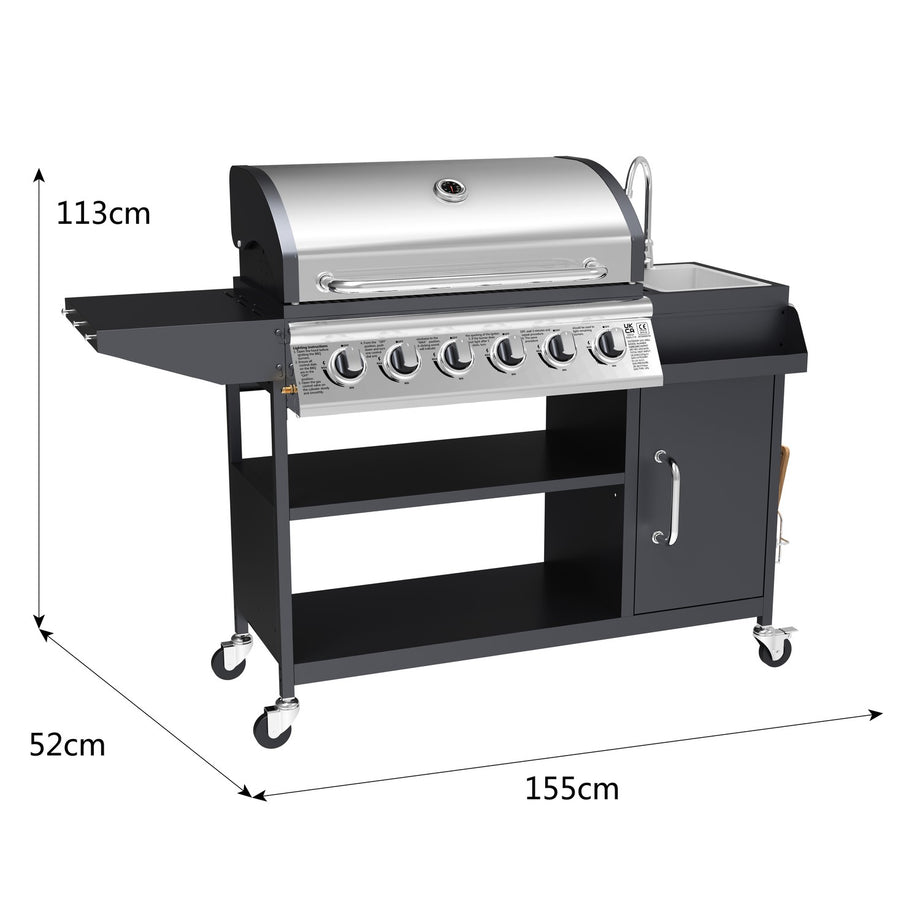 Boss Grill Texas Slimline Outdoor Kitchen - 6 Burner Gas BBQ with Sink and Chopping Board