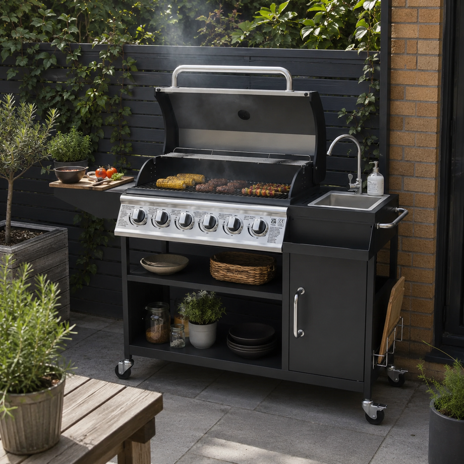 Boss Grill Texas Slimline Outdoor Kitchen - 6 Burner Gas BBQ with Sink and Chopping Board