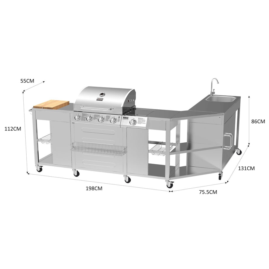 Boss Grill Texas Premium Modular Outdoor Kitchen - 4 Burner Gas BBQ Grill with Side Burner