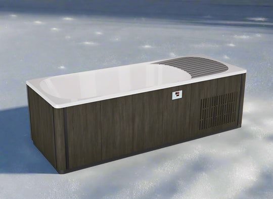 Rectangular outdoor bathtub with wooden side panels and white interior on a white background