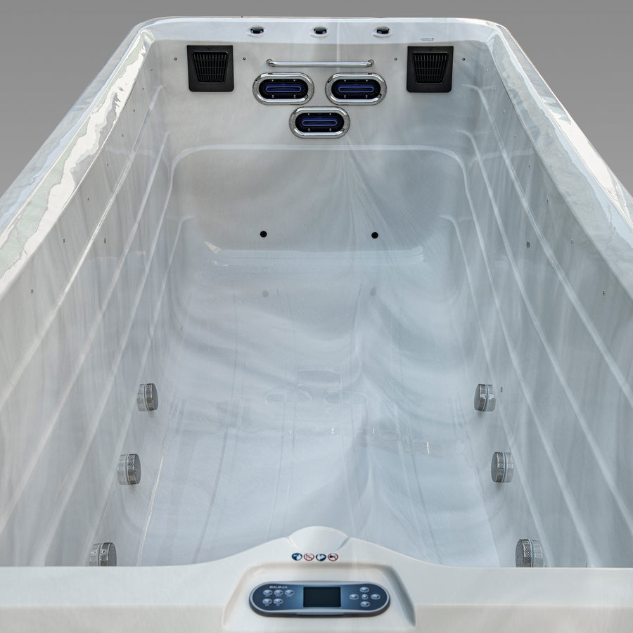 Mini pool swim spa interior with control panel on a gray background