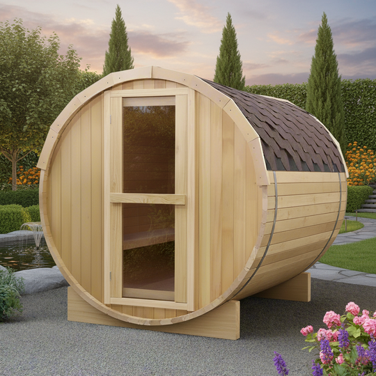 Wooden barrel-shaped sauna in a garden setting with trees and flowers.