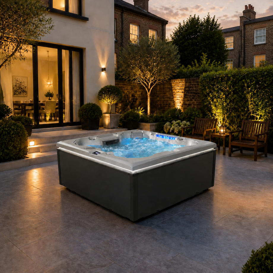 Edge Knightsbridge Hot Tub in Dark Grey - London house garden late dusk lifestyle - August 2026