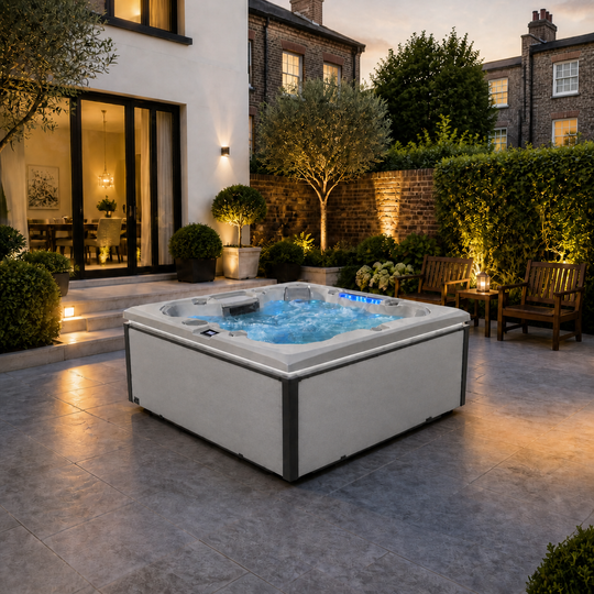 Edge Knightsbridge Hot Tub in Light Grey - London house garden late dusk lifestyle - August 2026