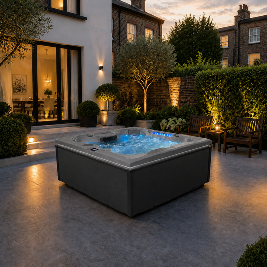 Edge Kensington Hot Tub in Dark Grey - London house garden late dusk lifestyle - August 2026