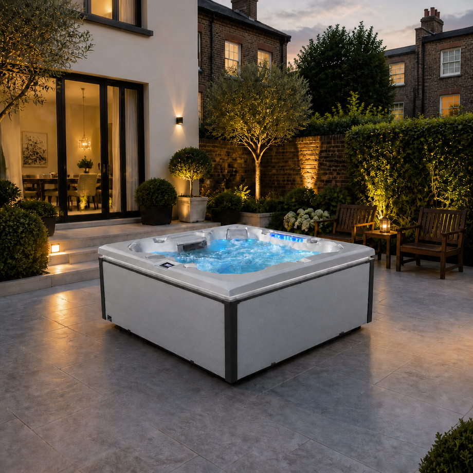 Edge Kensington Hot Tub in Light Grey - London house garden late dusk lifestyle - August 2026