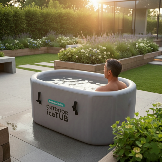 Person in an inflatable outdoor ice tub in a garden setting